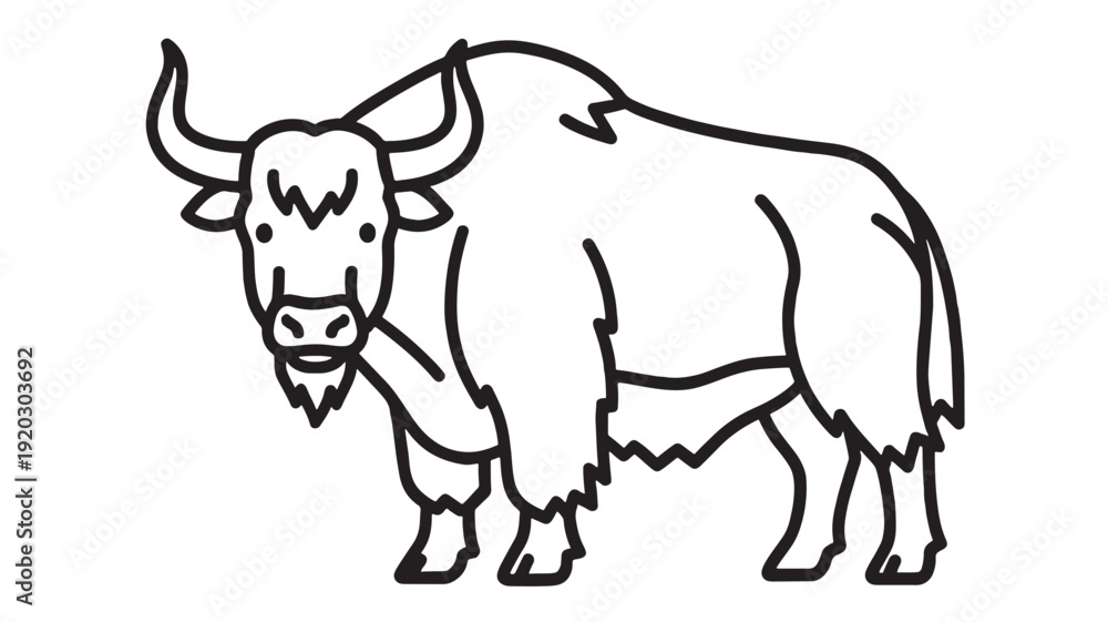 Fototapeta premium Yak line art icon with horned shaggy bovine outline in simple black stroke, cute cartoon farm animal symbol isolated on white background for logo and coloring