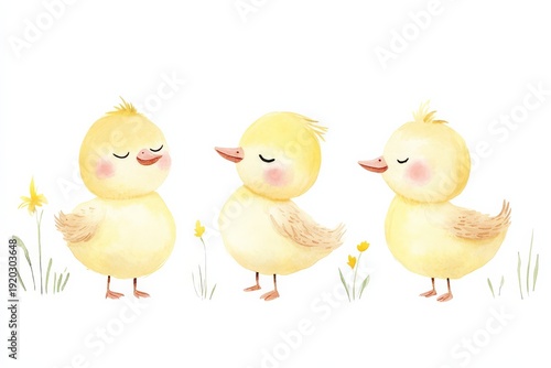Cute Pastel Yellow Ducklings Watercolor Trio