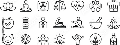 Wellness and Healthy Lifestyle Icon Set – Yoga, Meditation, Nutrition, Heart Care and Mindfulness Line Icons in Black Outline Style for Self Care Design