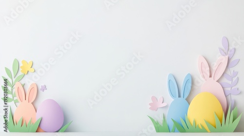 Pastel Paper Cut Easter Rabbits Eggs Greeting Card