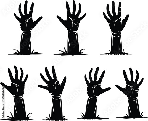 Zombie hand silhouettes rising from ground, spooky Halloween horror illustration set with creepy undead arms and scary monster gestures isolated vector