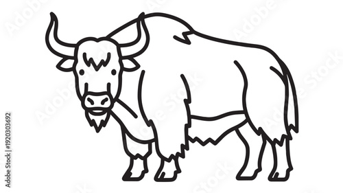 Yak line art icon with horned shaggy bovine outline in simple black stroke, cute cartoon farm animal symbol isolated on white background for logo and coloring