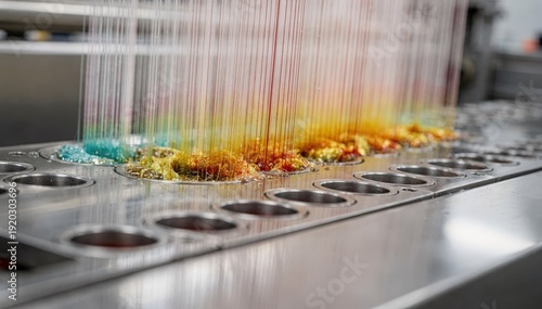 Close medium shot capturing the bright polyester staple fiber extrusion with vibrant glossy filaments emerging steadily from spinneret holes under controlled factory lighting.