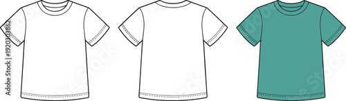 Basic T Shirt CAD Flat Template Front Back Color Variation Clean Fashion Apparel Technical Vector Illustration