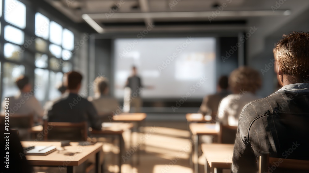 Obraz premium Blurred Classroom with Presenter and Screen