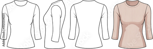 Women Rib Knit Fitted Top CAD Flat Template Front Side Back Fashion Apparel Vector Illustration