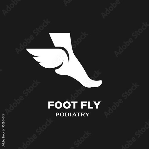 Foot Fly Podiatry Logo with White Winged Foot Symbol on Dark Background