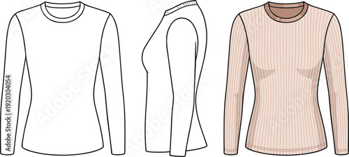 Women Rib Knit Long Sleeve Top CAD Flat Template Front Side Color Fashion Apparel Vector Illustration