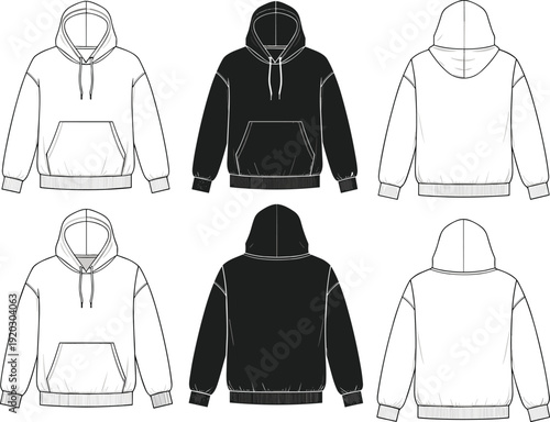 Hoodie, sweatshirt, mockup, set, front, back, apparel, clothing, template, vector, illustration, fashion, casual, garment, design, black, white, isolated, collection, outfit