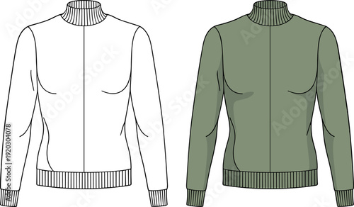 Women Rib Knit Turtleneck Jacket CAD Flat Template Front Color Variation Fashion Apparel Vector Illustration