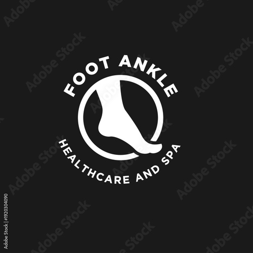 Foot Ankle Healthcare and Spa Logo with Minimalist Stylized Foot and Ankle Icon in a White Circle on Dark Background