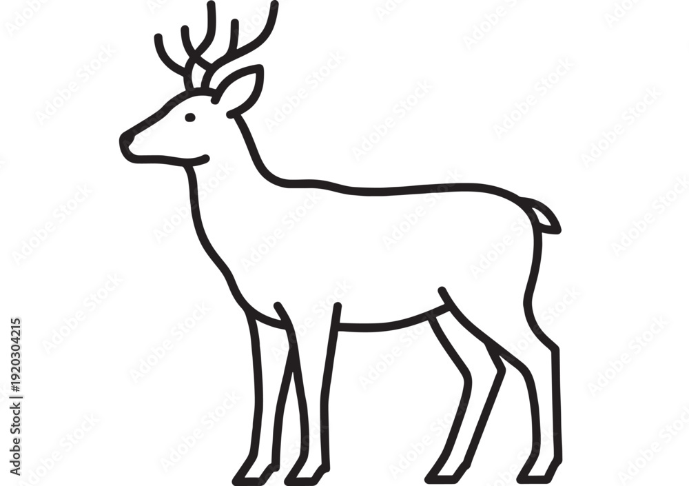 Fototapeta premium Deer line icon with antlers in side view, simple black outline animal silhouette isolated on white background, minimal woodland wildlife symbol for logo, sign, app