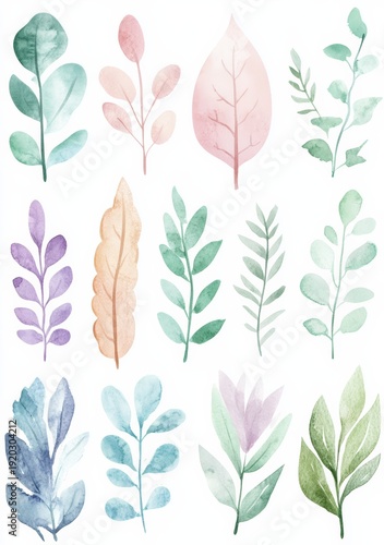 Watercolor Pastel Leaves Clipart Collection on White Background