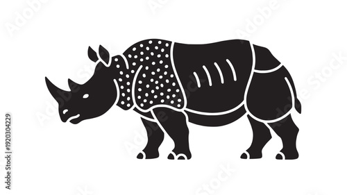 Rhinoceros graphic silhouette with white dots and lines on black background featuring animal, wildlife, wild with mammal and illustration elements for horn, horned projects, clean composition on