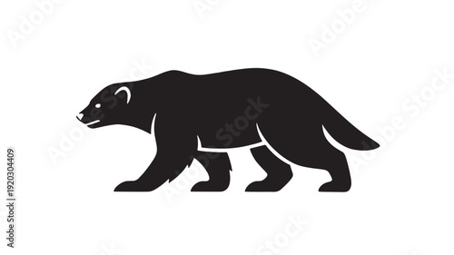 Bear silhouette walking in side profile, minimalist black wildlife icon isolated on white background, strong mammal logo design for nature, outdoors, and emblem use