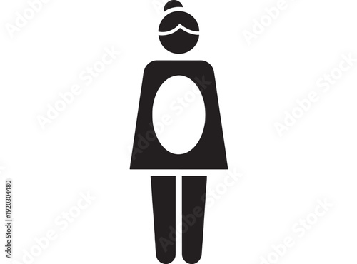 Woman pregnancy icon with baby bump silhouette, simple black restroom signage symbol for maternity, prenatal care, expecting mother and family planning on white