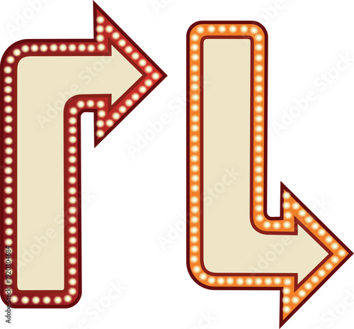 Vintage marquee arrow signs with light bulbs and directional pointers.