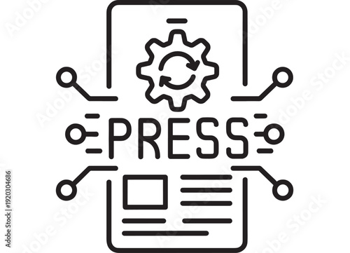 Press release icon with document page, gear refresh symbol and connected network nodes, editable outline sign for PR, news announcement, media communication and marketing