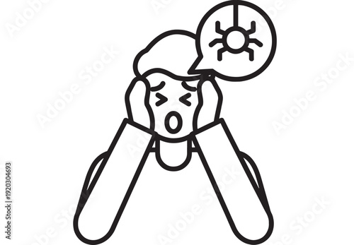 Person stressed holding head with bug alert speech bubble icon, anxiety and headache concept, mental health problem, line art vector symbol isolated on white