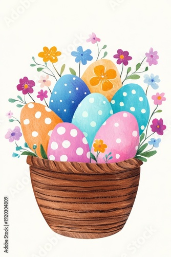 Wishing You a Joyful Easter Greeting Card with Basket of Colorful Eggs and Flowers