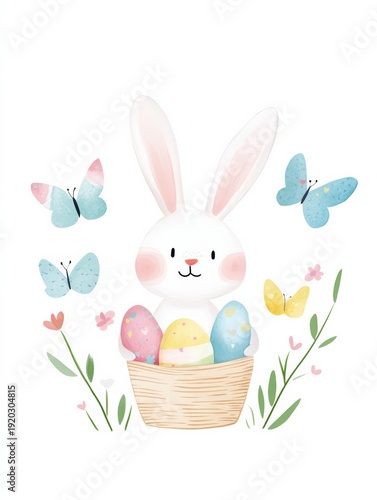 Cute Easter Bunny with Basket of Colorful Eggs and Butterflies, Spring Illustration
