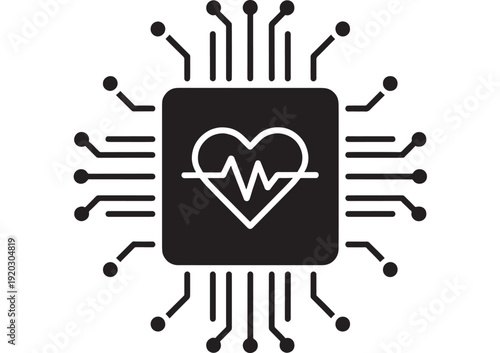 Microchip medical icon with heart and ECG pulse inside, circuit board lines around processor symbol, black and white minimal vector for digital healthcare tech