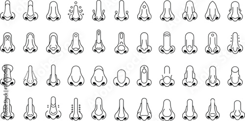 Human nose icon set vector illustration, different nasal shapes collection line art medical anatomy design isolated on whiteHuman nose icon set vector 