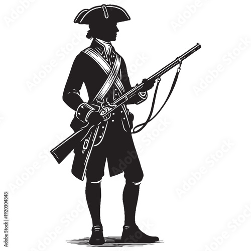 Colonial Revolutionary War Soldier with Gear and Musket Silhouette Vector