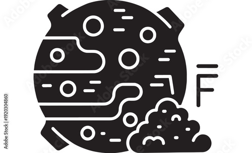 Planet space icon with cratered surface and dust cloud, bold black silhouette vector symbol for astronomy, sci-fi design, celestial body illustration isolated