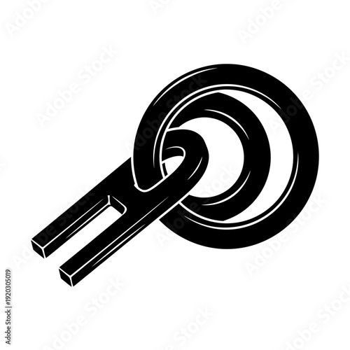 Black and white illustration of a metal shackle and two rings