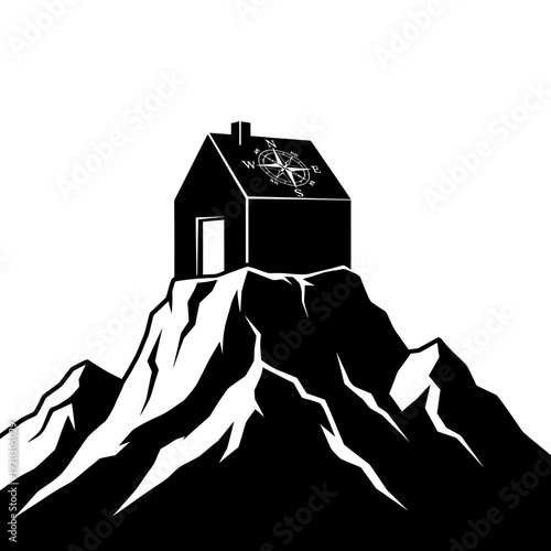 Black and white illustration of a house on a mountain peak with a compass rose on the roof.