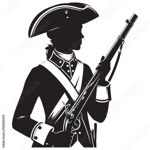Colonial Patriot Soldier Diagonal Musket Upward Silhouette Vector Illustration