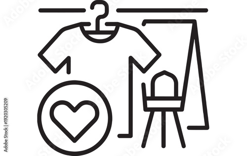 Laundry service icon with hanging t-shirt on hanger, clothesline and ironing board, love heart badge symbol, clean clothing care outline vector for app and web UI
