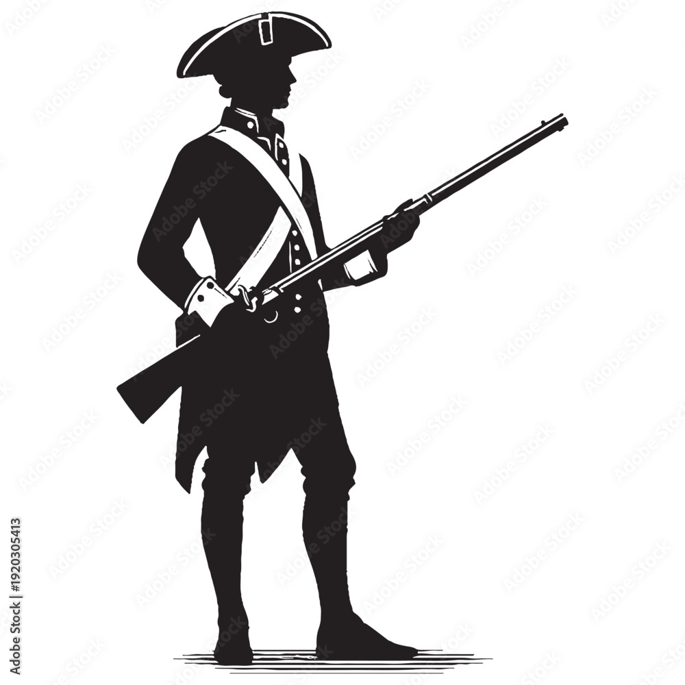 Obraz premium American Revolutionary Soldier Holding Musket Diagonally Silhouette Vector