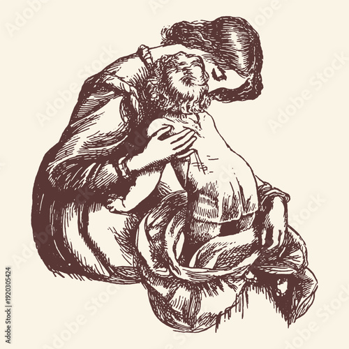 Heartwarming vintage illustration depicting a tender moment of a mother embracing her young child, full of love and maternal affection, in a classic, emotional engraving style.