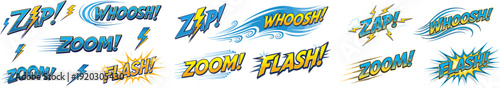 A collection of colorful comic book style sound effects words on a white background