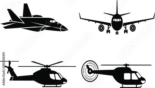 Military, and, commercial, aircraft, silhouettes, set, with, fighter, jet, airplane, helicopter, icons, black, vector, aviation, transport, isolated, collection, graphic, illustration
