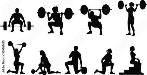 Silhouette collection of athletes performing weightlifting and fitness exercises including squats, lunges, overhead lifts, and step-ups showcasing strength training workout poses for gym and health.