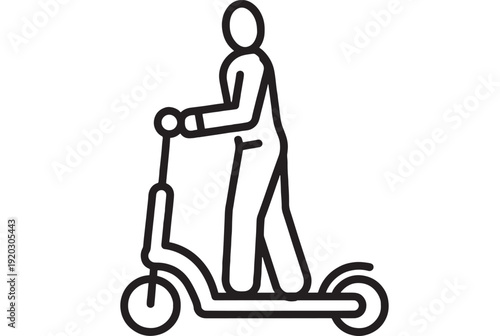 Scooter rider icon with standing person on kick scooter, minimal black outline pictogram for urban mobility, micromobility transport, app UI, signage, and navigation