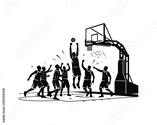 Team celebration after Basketball dunk vector silhouette illustration design, team celebration dunk vector, basketball team victory silhouette, players cheering dunk vector, group basketball 