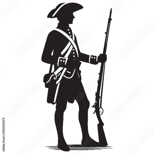 Revolutionary War Soldier Standing with Musket Silhouette Vector Illustration