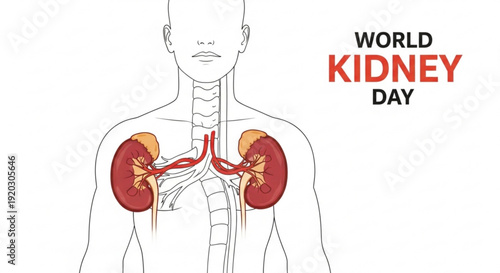 Illustration of human kidneys and urinary system on World Kidney Day from a frontal viewpoint