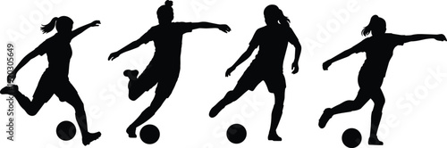 Silhouette collection of athletes playing soccer with dynamic ball poses including kicking, dribbling, and movement actions showcasing teamwork, sports energy, and athletic performance.