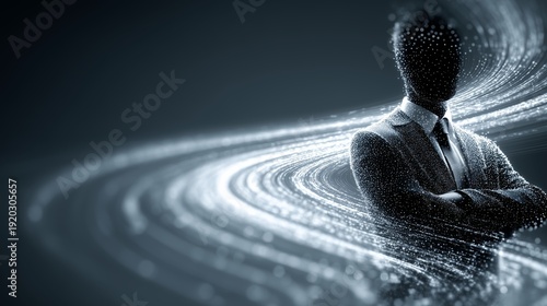 Businessman surrounded by AI-driven insights, holographic metrics swirling around him.