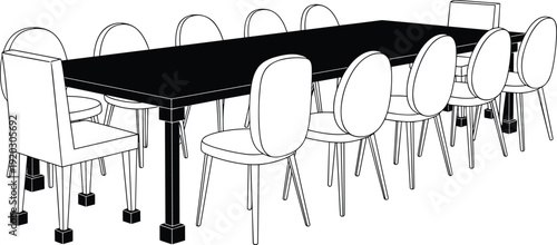 Modern dining table with chairs vector illustration, minimalist furniture set perspective view interior design line art