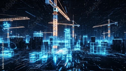 Digital Metropolis: Futuristic construction site, showcasing the synergy of technology and urban development, represented through a captivating display of digital blueprints and cranes.