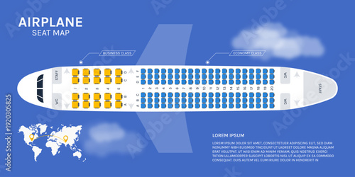 Airplane Flight Seat Map, Flat Aircraft Interior Seating Plan Top View with Business and Economy Class Vector Illustration