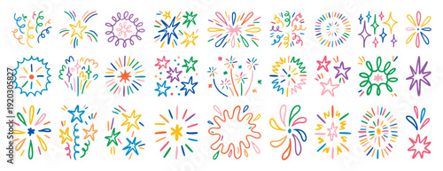 Crayon and scribble firework set of festive elements - doodle bright bursts, sparkling stars, swirls and glowing flashes. Hand drawn celebration designs for greeting cards, party and event.
