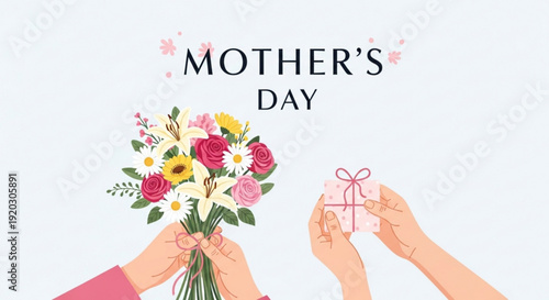 A heartwarming Mother's Day scene depicting a gift and flowers being exchanged between hands from a close-up viewpoint