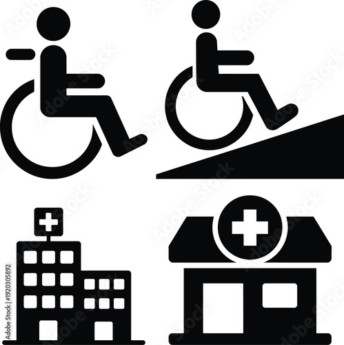 Accessible healthcare facilities and mobility assistance icons